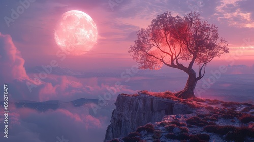 Wallpaper Mural Pink Moonlit Tree on Cliff Overlooking Vast Landscape Torontodigital.ca