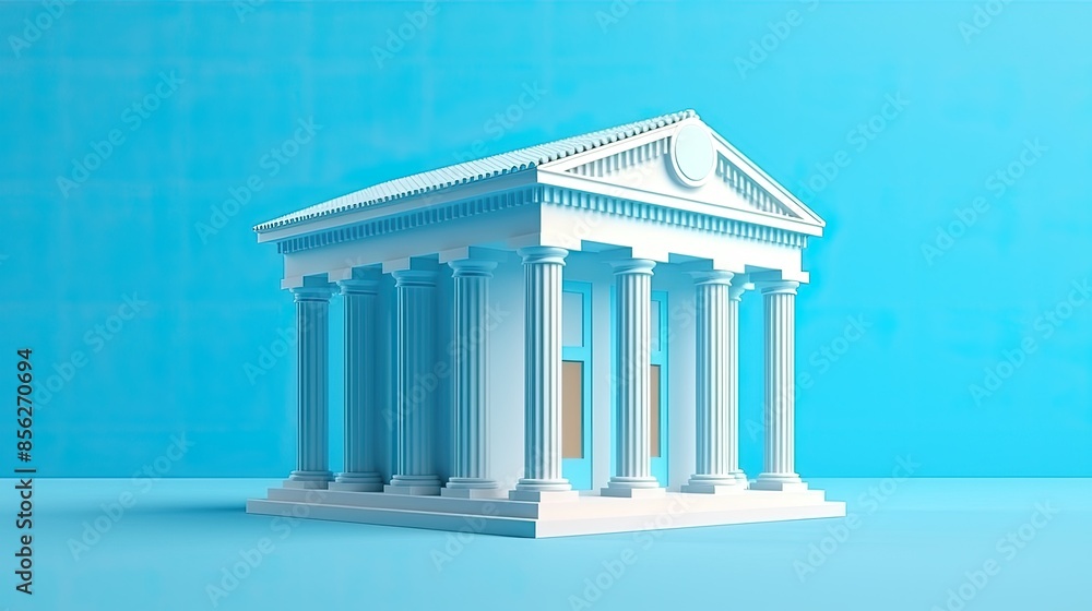 Fototapeta premium A 3D rendering of a classical Greek temple with six columns in front. The temple is white and set against a blue background.