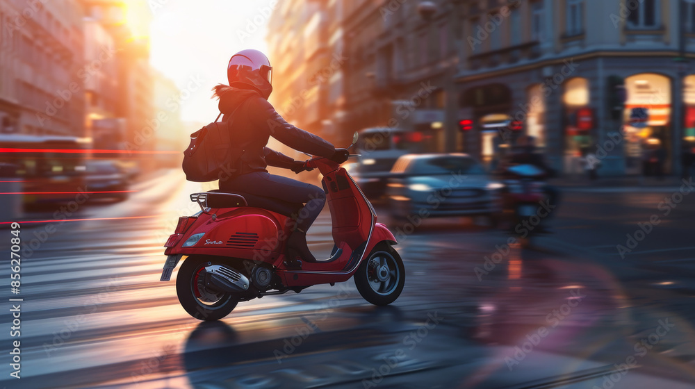 A solitary person rides a red scooter through a bustling city intersection during a stunning sunset, capturing the essence of urban freedom. A solitary person rides a red scooter through a bustling city intersection during a stunning sunset, capturing the essence of urban freedom.
