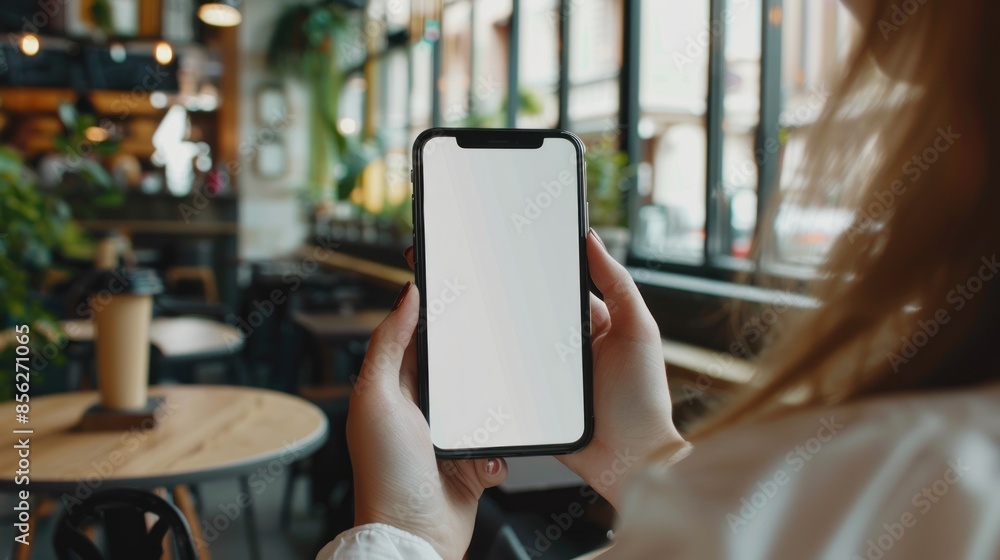 Mockup woman hand holding mobile phone with blank screen in coffee shop ...