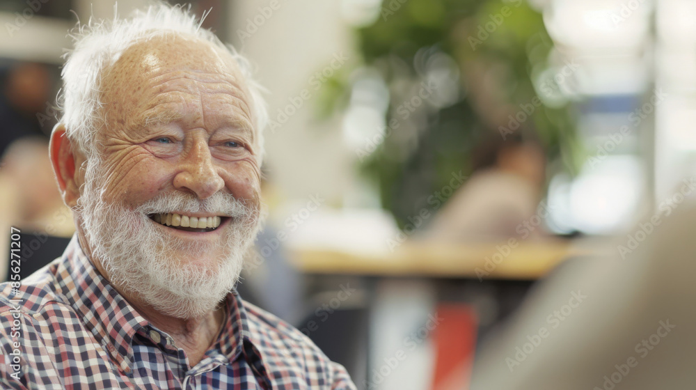 A joyful elderly man with a white beard, wearing a checkered shirt, smiles warmly in a well-lit room with blurred background greenery. A joyful elderly man with a white beard, wearing a checkered shirt, smiles warmly in a well-lit room with blurred background greenery.