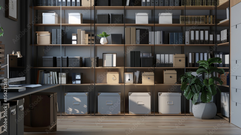 A tidy archive room with shelves full of boxes, books, and binders, complemented by indoor plants and a sleek desk setup. A tidy archive room with shelves full of boxes, books, and binders, complemented by indoor plants and a sleek desk setup.