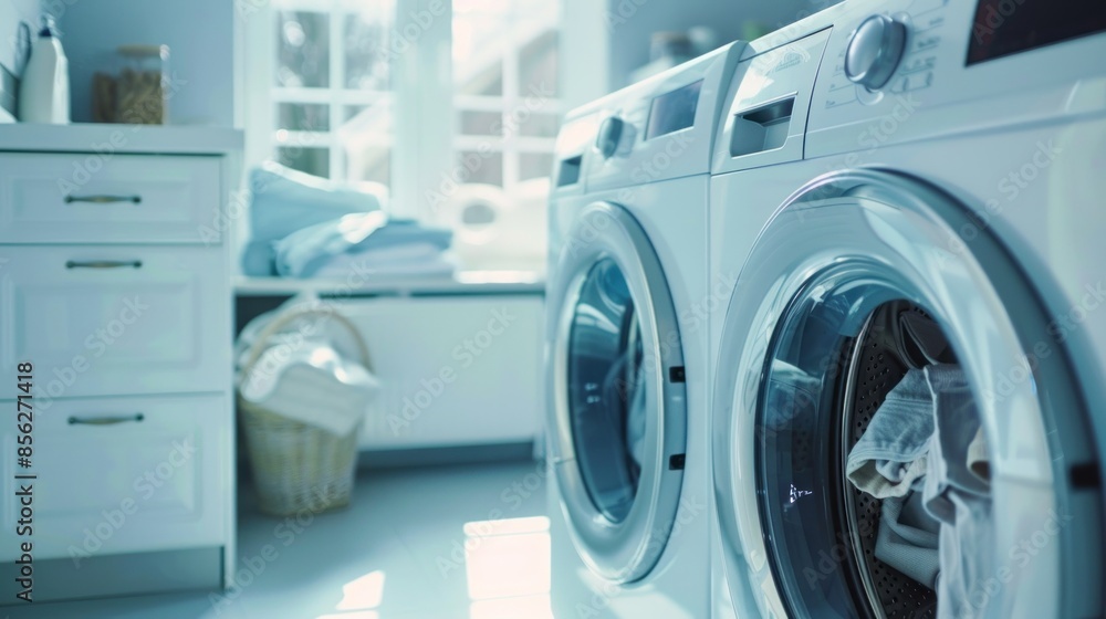 Washing machine and basket with towels in a laundry room Washing machine and basket with towels in a laundry room