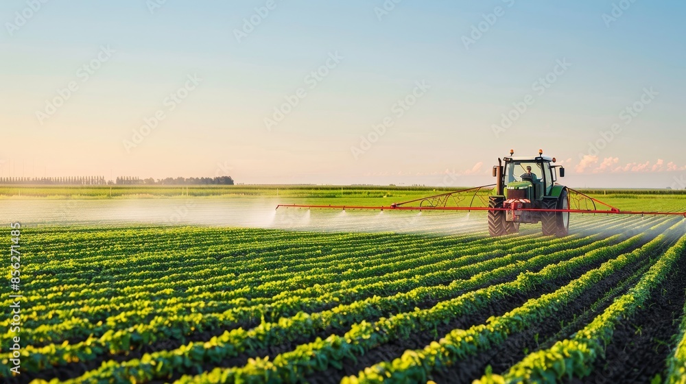 Harmony of Innovation Modern Tractor Spraying Crops in Lush Green Field under Clear Blue Sky Precision Farming and Sustainability Concept in HighResolution Image Harmony of Innovation Modern Tractor Spraying Crops in Lush Green Field under Clear Blue Sky Precision Farming and Sustainability Concept in HighResolution Image