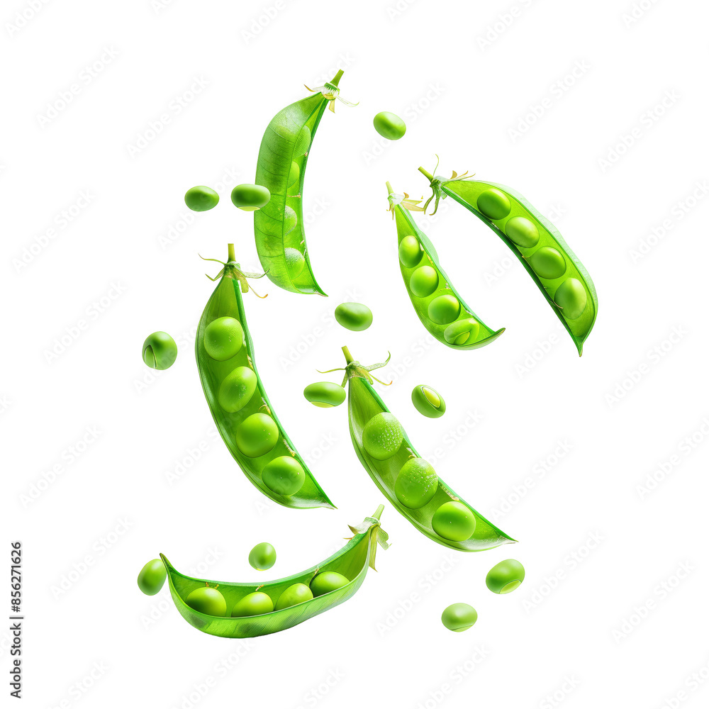 Fresh Green Peas Floating in the Air on White Background. Perfect for health food concepts, vegan cuisine, and organic produce promotions. Fresh Green Peas Floating in the Air on White Background. Perfect for health food concepts, vegan cuisine, and organic produce promotions.