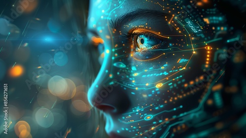 Futuristic Fusion of Man and AI in Green and Blue Tones © willian
