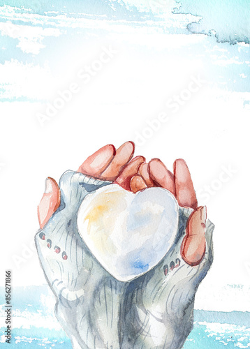 Hands in mitterms with snow heart card with copy space. Watercolor winter concept illustration. photo