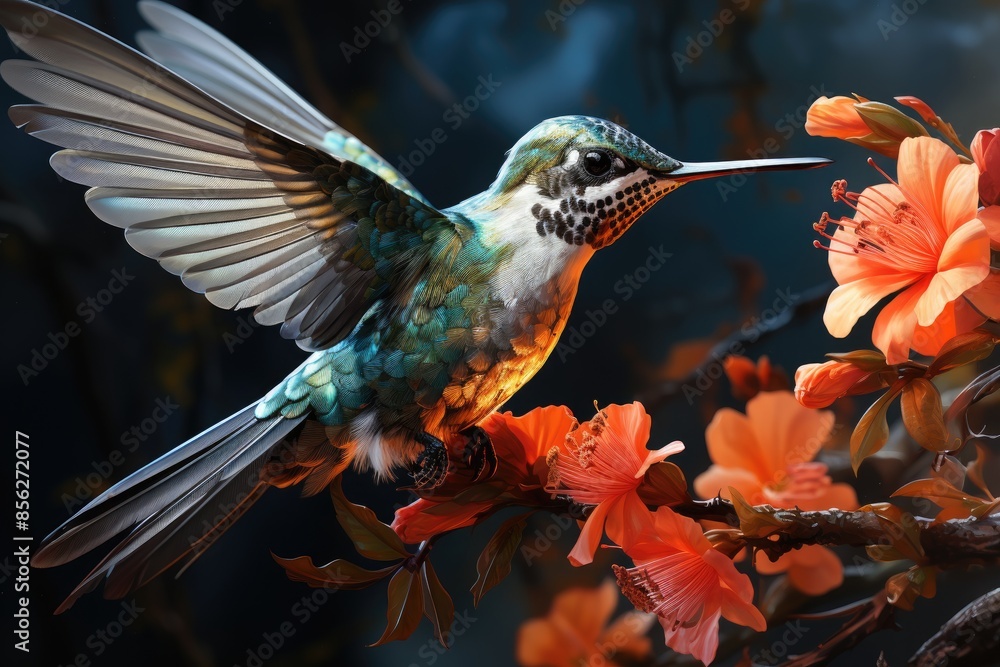 Naklejka premium Hummingbird in flight captures the delicacy of a flower., generative IA