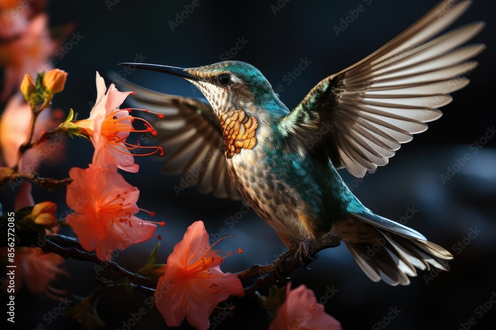 Fototapeta premium Hummingbird in flight captures the delicacy of a flower., generative IA