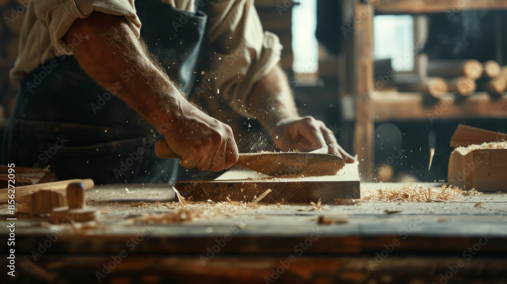 A carpenter skillfully shapes wood on a workbench, surrounded by flying wood shavings and tools in a workshop. A carpenter skillfully shapes wood on a workbench, surrounded by flying wood shavings and tools in a workshop.