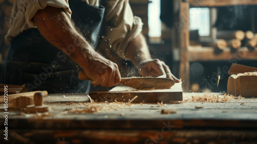 A carpenter skillfully shapes wood on a workbench, surrounded by flying wood shavings and tools in a workshop.