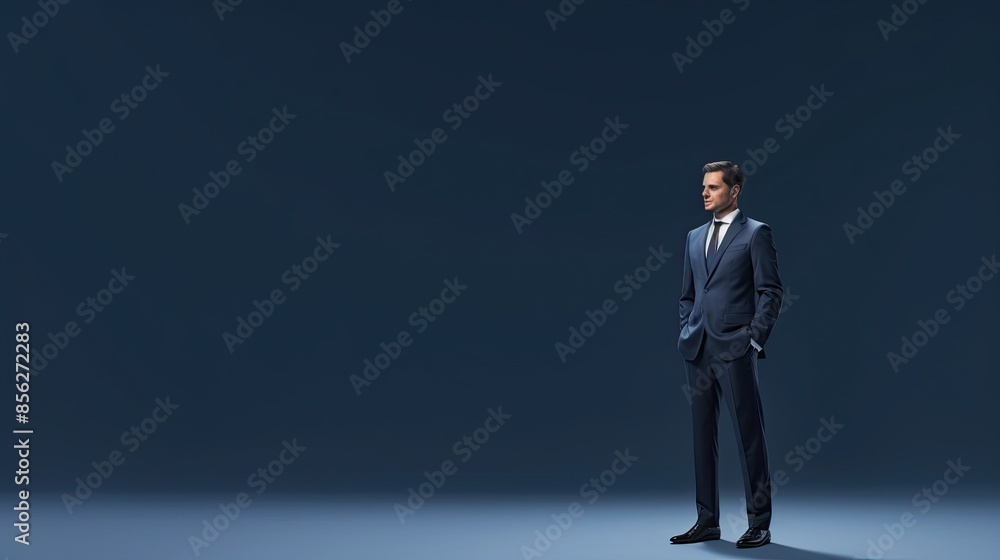 Confident businessman in a dark suit standing with hands in pockets, looking away. Isolated on dark blue background. Confident businessman in a dark suit standing with hands in pockets, looking away. Isolated on dark blue background.