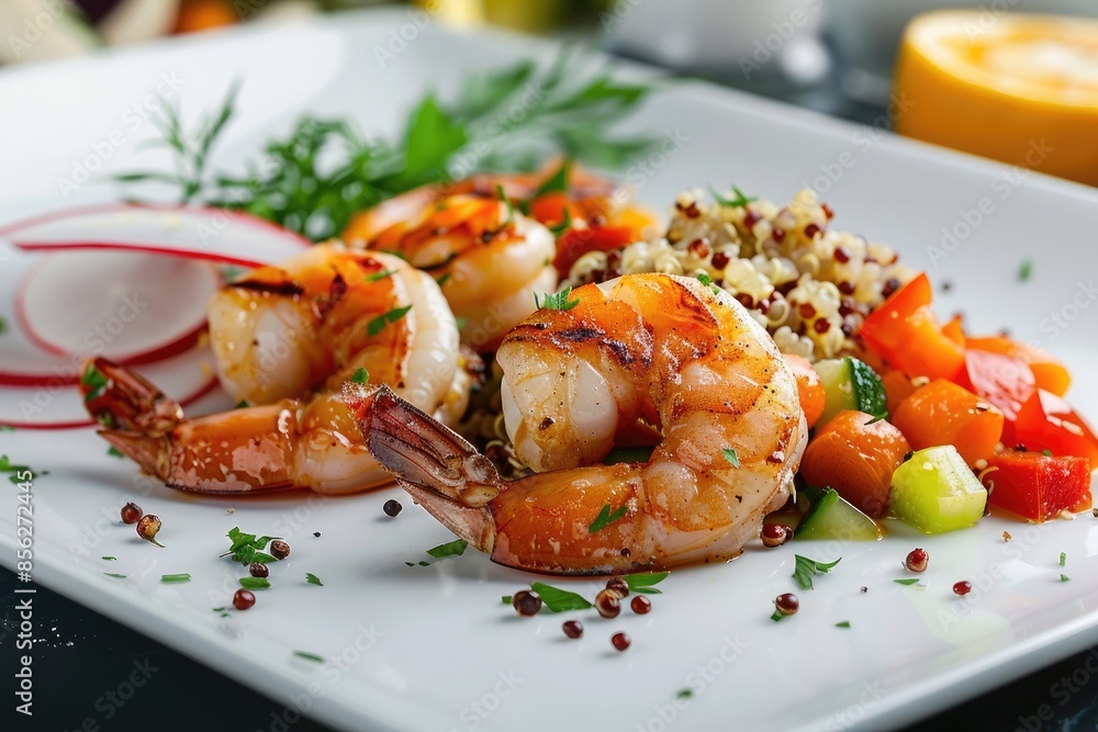 A beautifully arranged plate of grilled shrimp with a side of quinoa and vegetables A beautifully arranged plate of grilled shrimp with a side of quinoa and vegetables