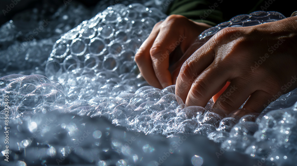 Hands slowly popping the bubbles on a sheet of bubble wrap Hands slowly popping the bubbles on a sheet of bubble wrap