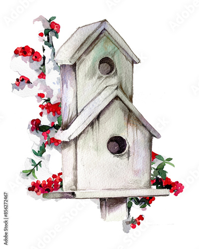 Canvas Print Birdhouse with fir branches and bow