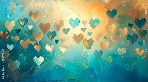 Abstract painting with hearts in blue and gold.