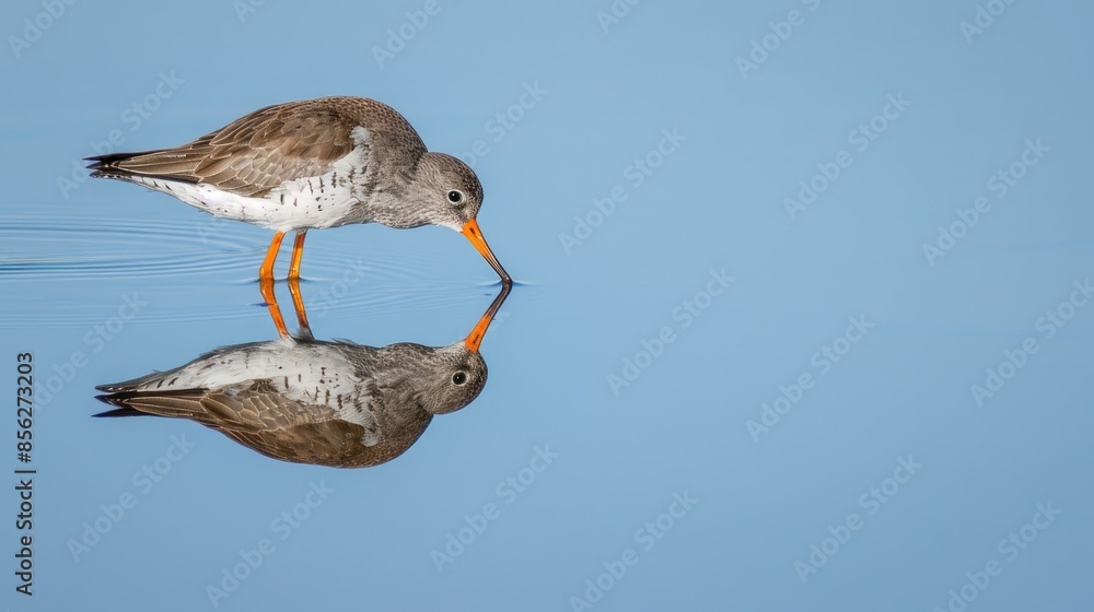 Redshank bird reflected in calm water Redshank bird reflected in calm water