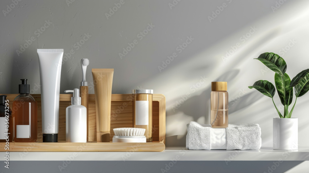 Assorted bathroom toiletries and plush towels on a shelf bask in natural light, enhanced by green elements, perfecting a clean, relaxing space. Assorted bathroom toiletries and plush towels on a shelf bask in natural light, enhanced by green elements, perfecting a clean, relaxing space.