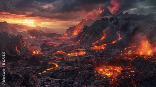 Dramatic Volcanic Eruption Landscape with Searing Lava Flows and Roiling Smoke Plumes