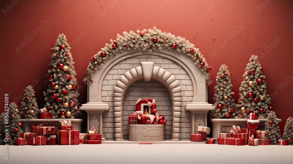 This is a beautiful image of a Christmas fireplace. The fireplace is made of white stone and has a brick surround. This is a beautiful image of a Christmas fireplace. The fireplace is made of white stone and has a brick surround.