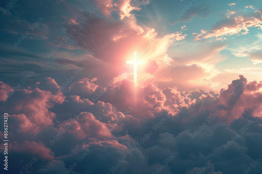 Fototapeta premium Bright Christian cross in sky symbolizes love hope freedom.
