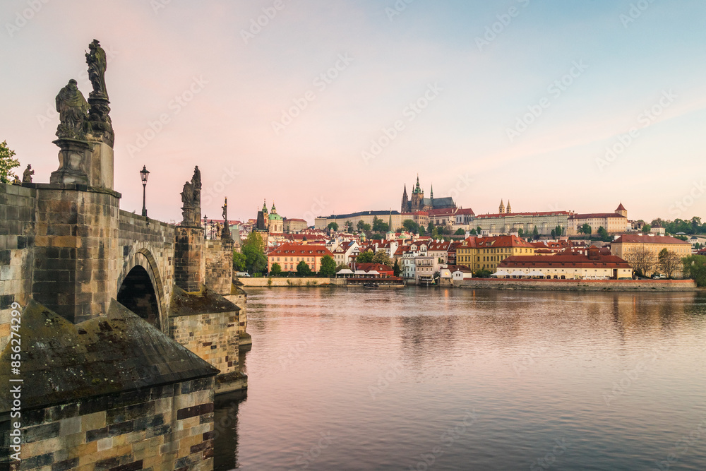 Fototapeta premium Prague Castle with Charles bridge at sunrise, Prague, Czech Republic, Europe.