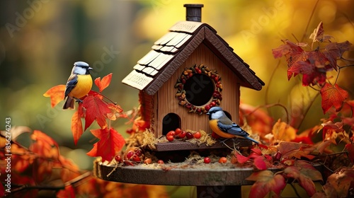 A beautiful bird house with autumn leaves and small birds photo