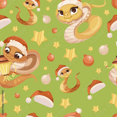 Cartoon snakes wearing Santa hats and Christmas elements on a green background. Holiday-themed Vector illustration
