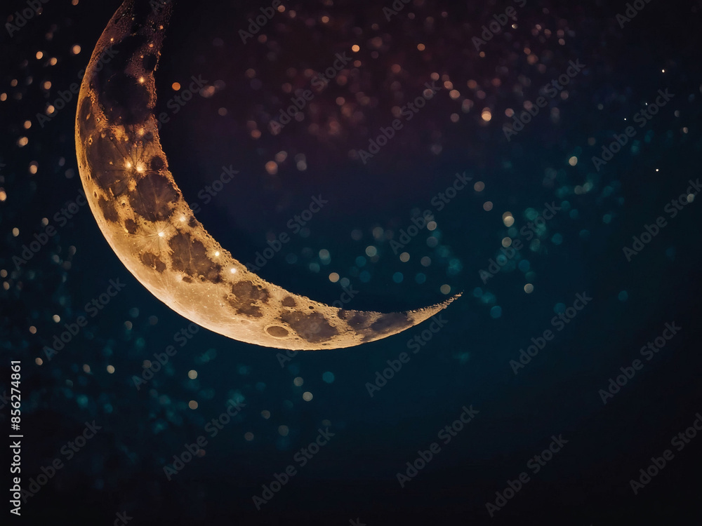 Illuminated crescent moon in the nighttime sky. Illuminated crescent moon in the nighttime sky.