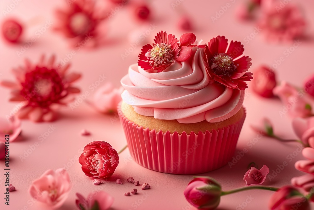 Cupcake with pink frosting and flowers on pink background. Cupcake with pink frosting and flowers on pink background.
