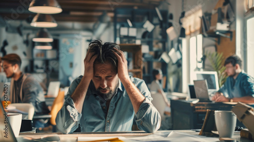 A stressed office worker with a disheveled appearance, holding his head in frustration, surrounded by a busy work environment with colleagues.