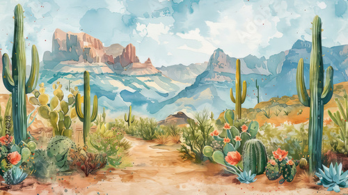 This is a watercolor painting of a desert landscape. There are cacti, mountains, and a blue sky with clouds in the background.