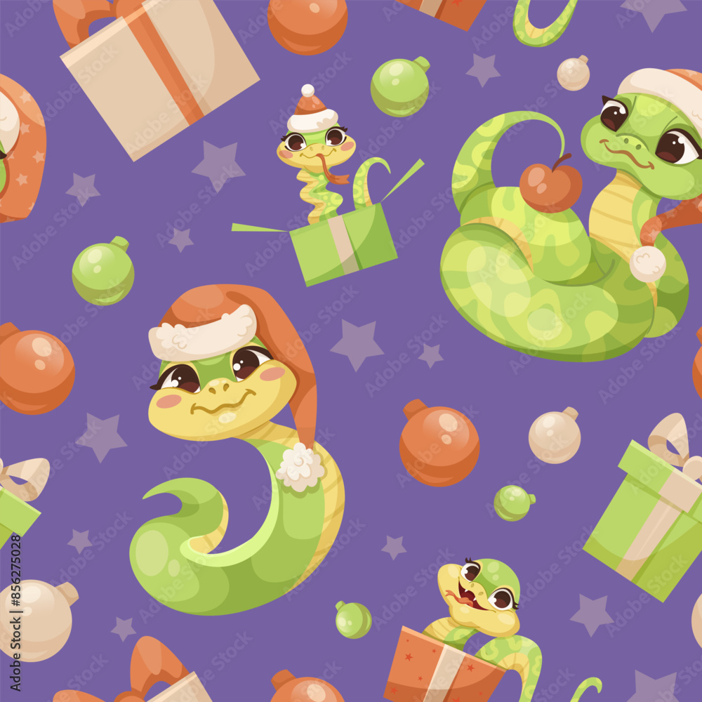 Obraz premium Cartoon snakes with Santa hats among gifts and ornaments on a purple background. Christmas holiday concept. Vector illustration