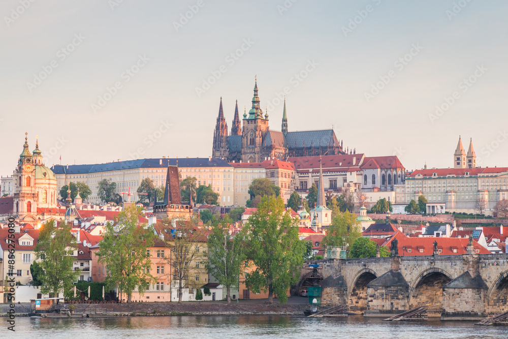 Fototapeta premium Prague Castle with Vltava river at sunrise, Prague, Czech Republic, Europe.