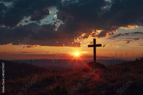 Good Friday concept Silhouette cross on mountain sunset background