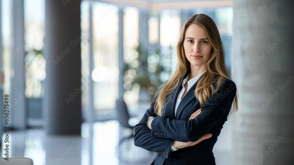 A confident woman in a business suit stands in a modern office with arms crossed, conveying empowerment and professionalism. A confident woman in a business suit stands in a modern office with arms crossed, conveying empowerment and professionalism.