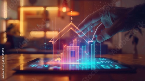 Digital Dreams Hand Interacting with Holographic House Icon on Modern Tablet Real Estate Market Progress Concept in HighTech Office Setting