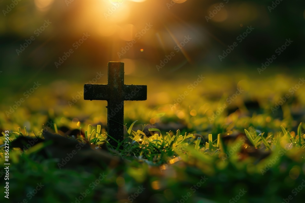 Christian cross silhouette on grass at sunrise with bright light.