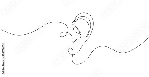 Human ear drawn in one continuous line. This linear contour silhouette