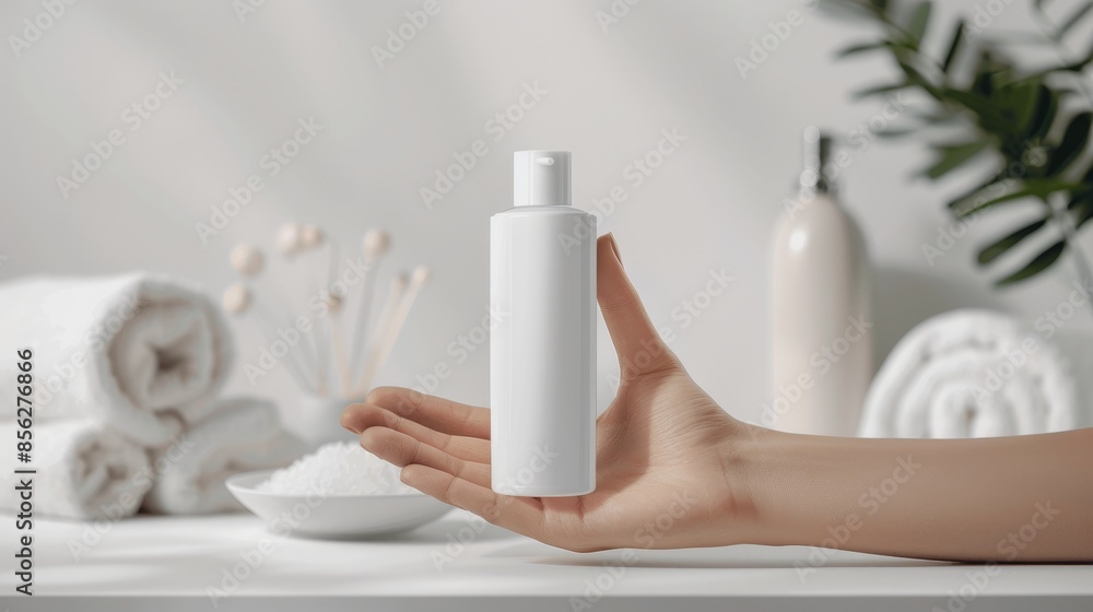 Luxury Elegance Woman's Hand Holding Sleek Cosmetics Bottle in Spa Ambiance Luxury Elegance Woman's Hand Holding Sleek Cosmetics Bottle in Spa Ambiance