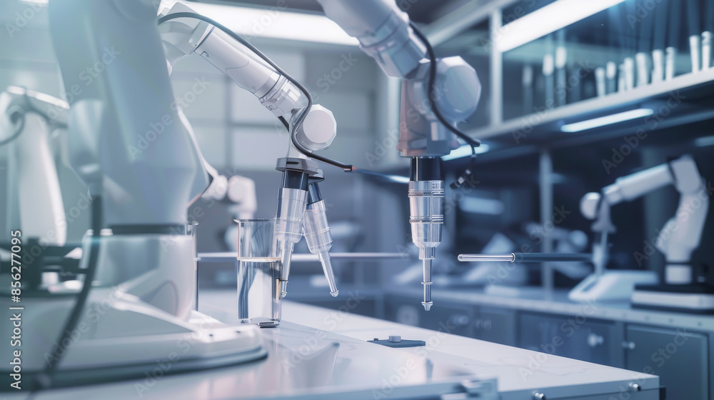Advanced robotic arms in a state-of-the-art laboratory, performing precise scientific experiments with test tubes and laboratory equipment. Advanced robotic arms in a state-of-the-art laboratory, performing precise scientific experiments with test tubes and laboratory equipment.