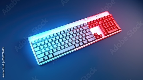 Futuristic backlit gaming keyboard with red and blue glowing keys. photo