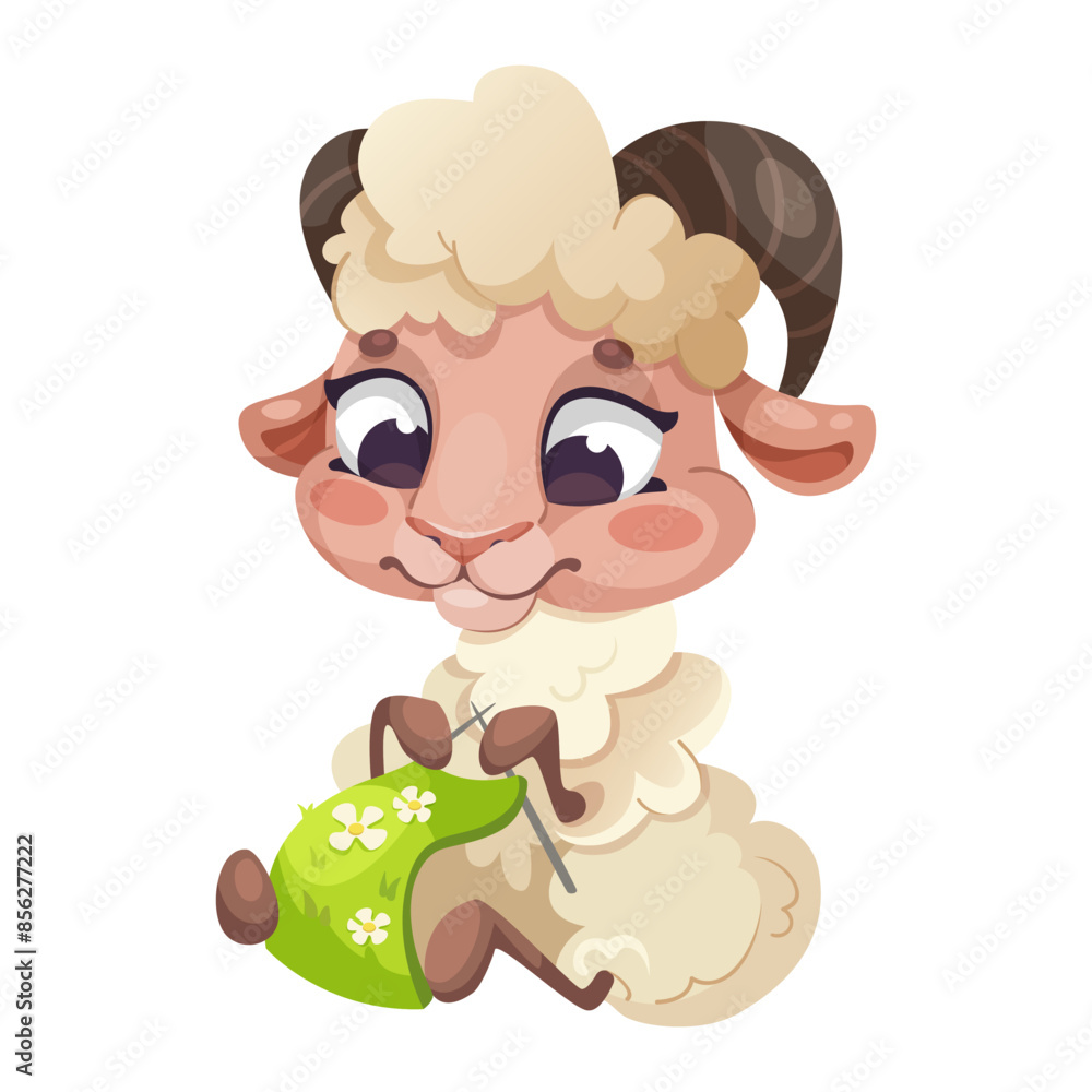 Naklejka premium A cute cartoon sheep knitting, isolated on a white background. Concept of creativity and relaxation. Vector illustration