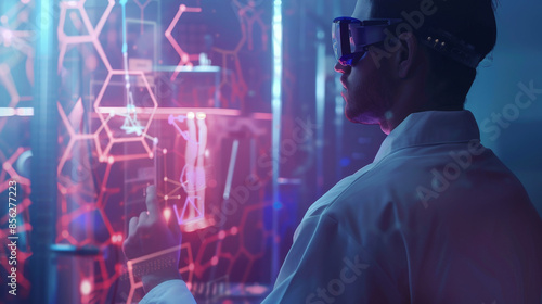 A scientist in a futuristic laboratory interacts with a glowing digital interface, immersed in advanced technological research.