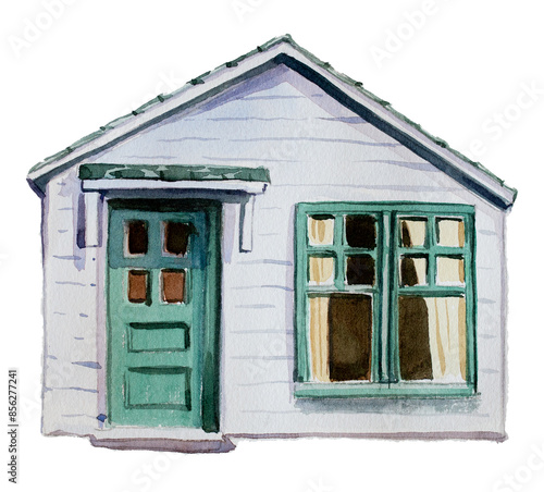 Wooden house with snow illustration. Watercolor Christmas village concept clipart. photo