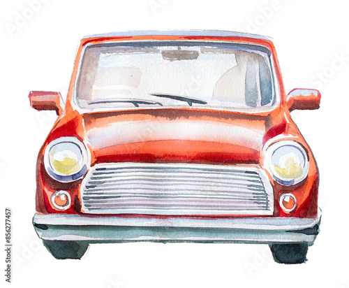 Old red car isolated on white. Watercolor vintage car clipart.