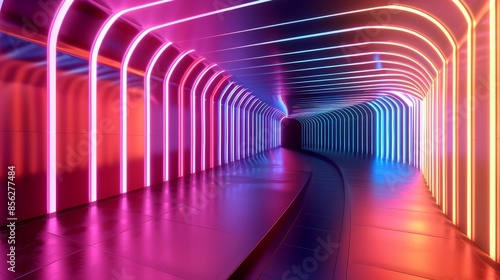Neon Dreams Futuristic 3D Abstract Passageway with LED Light Strips in Gradient Hues