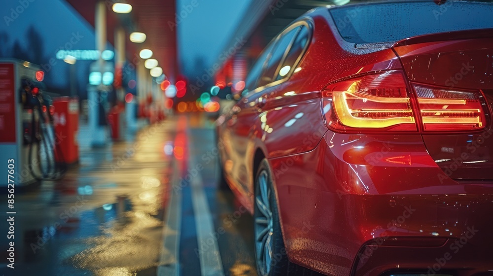 Red sedan parked at a gas station on a rainy night Red sedan parked at a gas station on a rainy night