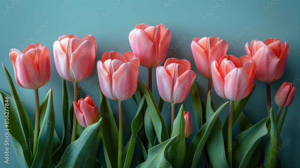 Pink tulips blooming against a teal background Pink tulips blooming against a teal background