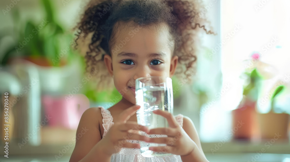 A child with curly hair sips water, beaming over the glass, with lush green plants in the background. A child with curly hair sips water, beaming over the glass, with lush green plants in the background.